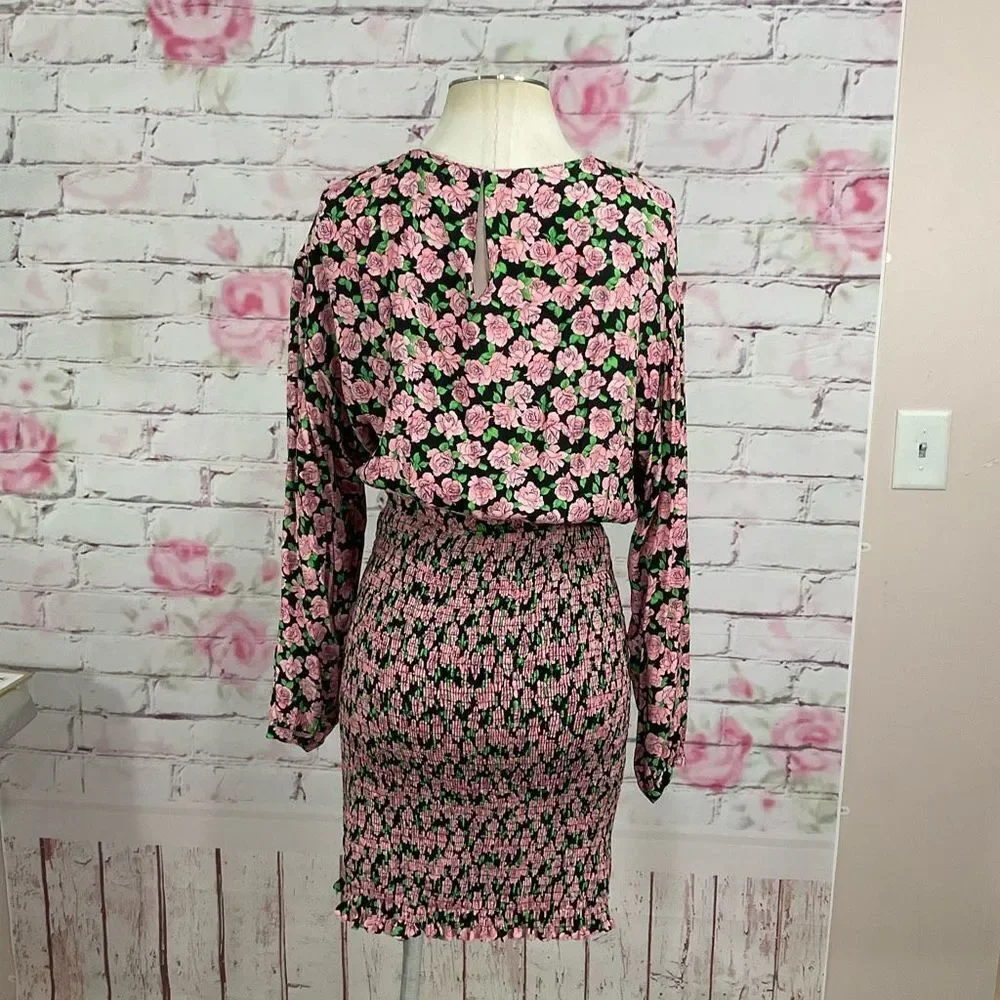 Zara Pink and Black Floral Long Sleeve Dress